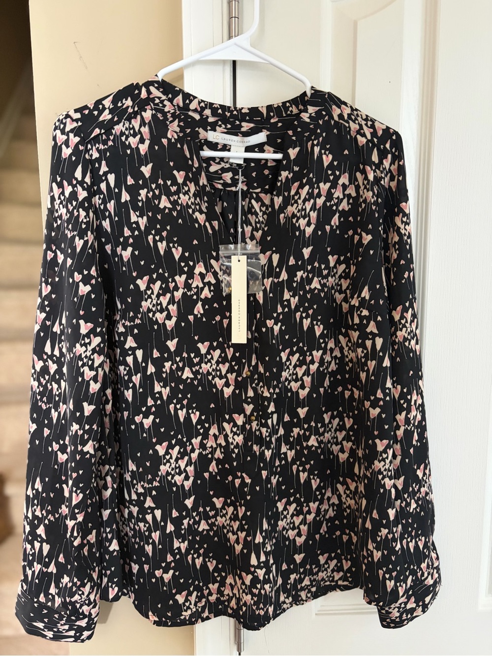 LC Lauren Conrad Black and Pink Heart-Print Blouse